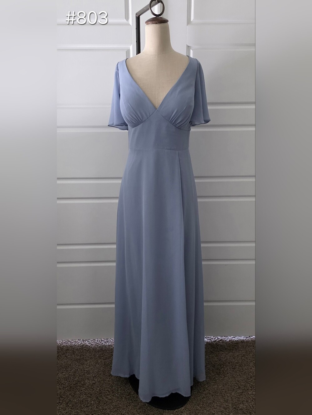 Azazie Dusty Blue Chiffon V-Neck Flutter Sleeve Maxi Dress